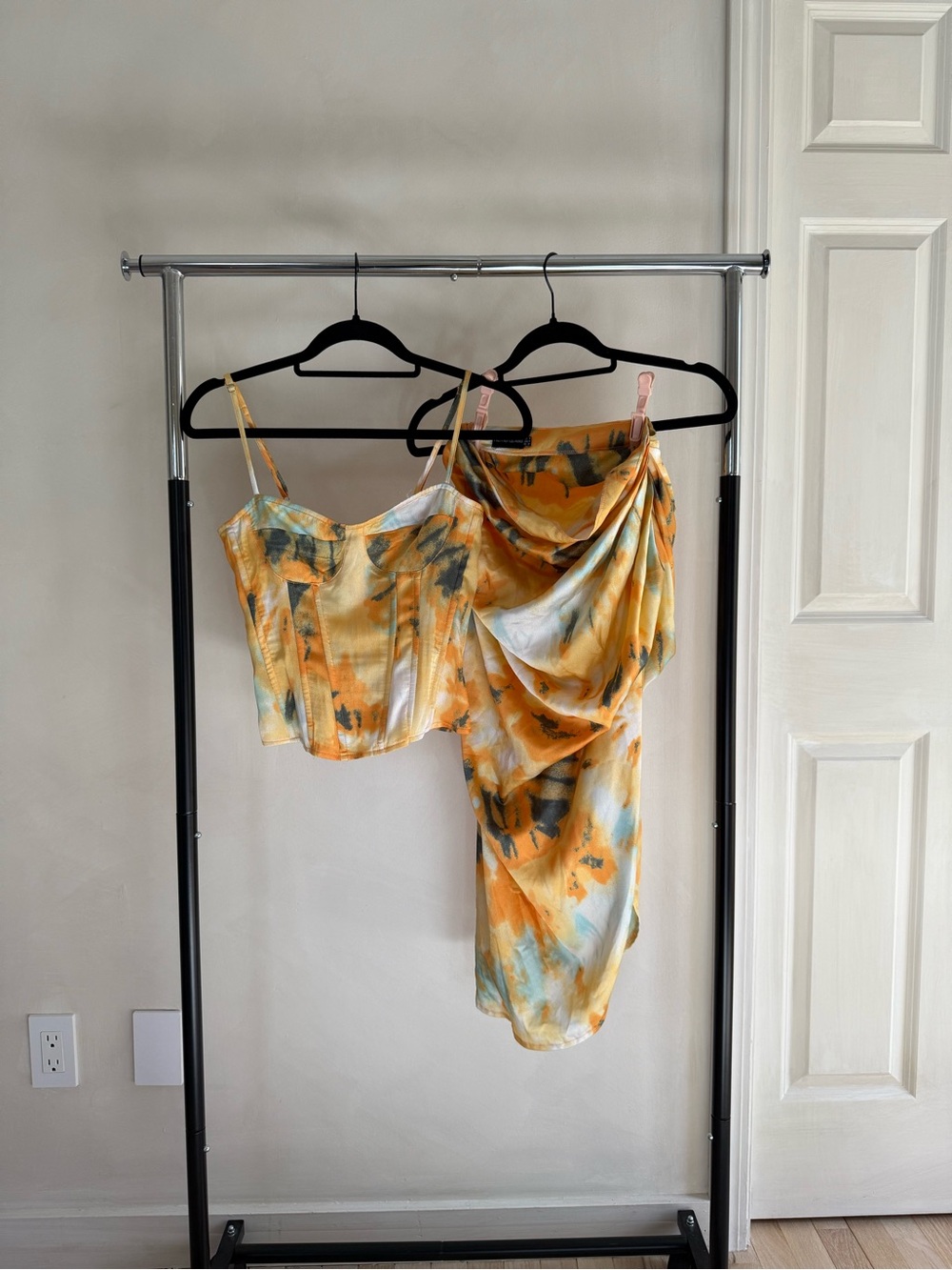 PrettyLittleThing Yellow Watercolor Satin Cami & Draped Skirt Set